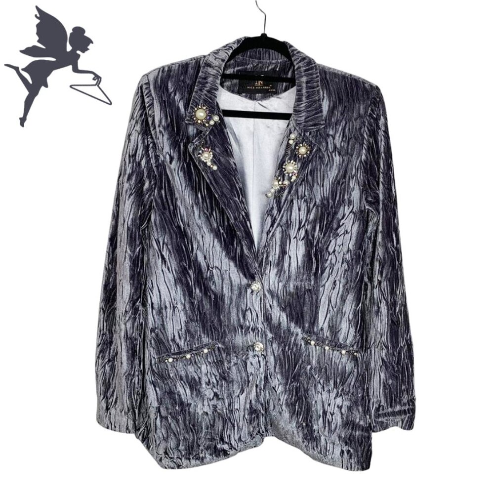 NICE ISTANBUL Crushed Velvet Longline Blazer With Pearl and Rhinestone Accents